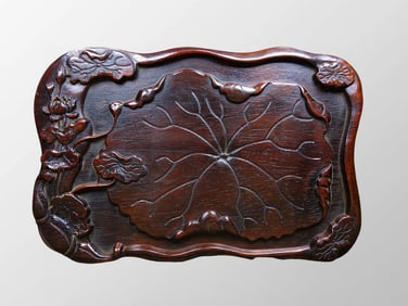 Old Chinese Zitan Wood Low Relief Lotus Leaf Design Tea Tray