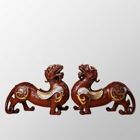 A Pair 6 Kg Chinese Silver Plated Gilt Gold Bronze Unicorn Statues