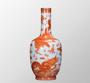 Chinese Qing Dynasty Gilt Edge Iron Red Glaze Dragon & Fireball Porcelain Vase