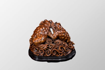 Openwork Vintage Chinese Boxwood Wood Carved Fortune Toad Incense Burner