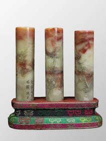 A Set Three Vintage Chinese Shoushan Stone Low Relief Pine Tree & Bamboo,Plum Flower Seal w Box