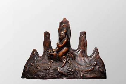 Vintage Chinese Boxwood Wood High Relief Chi Dragon Brush Pen Shelf