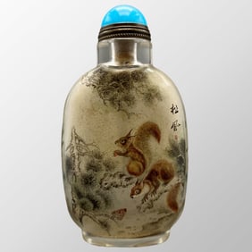 Old Chinese Peking Glass Inside Painting Squirrel Poetic Prose Snuff Bottle w Stopper