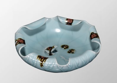 Chinese Longquan Blue Glaze Lotus Leaf & Frog Porcelain Brush Washer