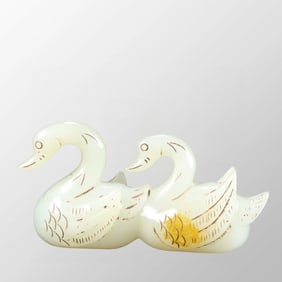 Superb Old Chinese Hetian Jade Carved Mandarin Ducks Statue