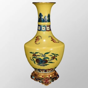 Chinese Yellow Glaze Sancai Melon And Fruit Design Porcelain Vase w Gold Wires Enamel Base