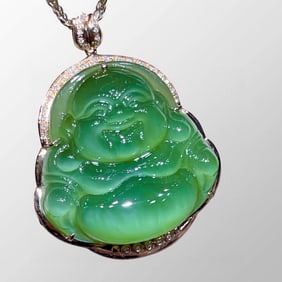 Exquisite 18k Gold Inlay Diamond Green Cat's Eye Laughing Buddha Pendant