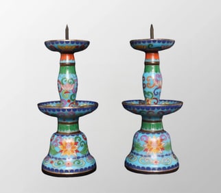 A Pair Vintage Chinese Copper Cloisonne Flower Design Candlesticks