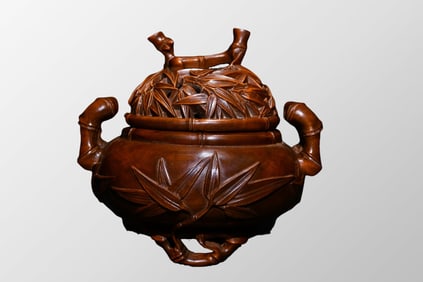 Chinese Boxwood Wood Carved Double Ears Incense Burner