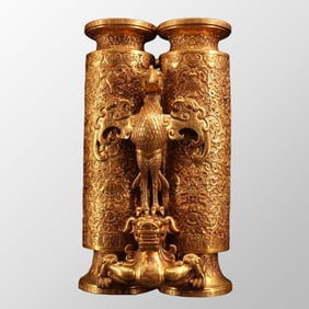 Superb Old Chinese Gilt Gold Bronze Phoenix Vase