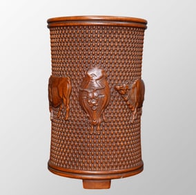 Vintage Chinese Boxwood Wood Low Relief Fortune Ox Brush Pot