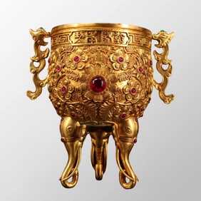 Excellent Chinese Gilt Gold Bronze Inlay Gem 3 Legs Wine Cup