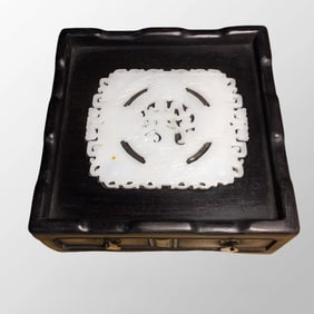 Chinese Zitan Wood Inaly White Jade Jewellery Box