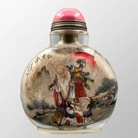 Old Chinese Peking Glass Inside Painting Longevity Taoism Deity Design Snuff Bottle