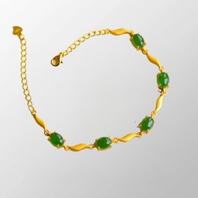 925 Silver Gilt Gold Inlay Green Hetian Jade Lucky Bracelet
