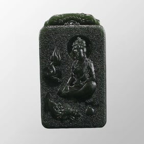 Chinese Natural Green Hetian Jade Low Relief Kwan-yin Pendant