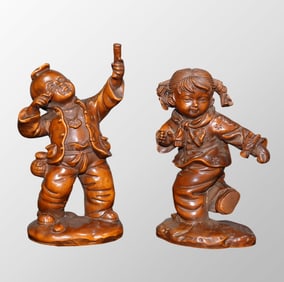 A Pair Chinese Boxwood Wood Fortune Kid Statues