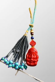 Chinese Red Cinnabar Carved Ganesha Buddha Pendant