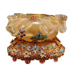 Superb Chinese Crystal Plum Flower Brush Washer w Gold Wire Enamel Inlay Ruby Base