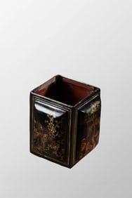 Chinese Gilt Gold Black Lacquerware Flowers Bird Design Brush Pot