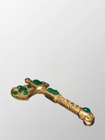 Vintage Chinese Gilt Gold Bronze Inlay Green Jade Axe Statue