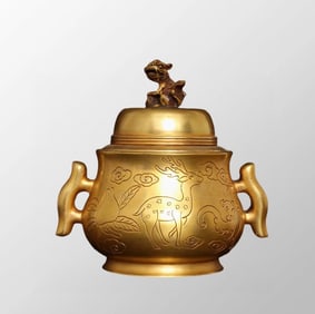 Vintage Chinese Gilt Gold Bronze Double Ears Incense Burner