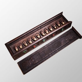 Chinese Gilt Gold Copper 12 Zodiacs Pendant w Wood Inlay Gems Box