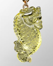 Chinese Yellow Crystal Carved Dragon Fish Pendant