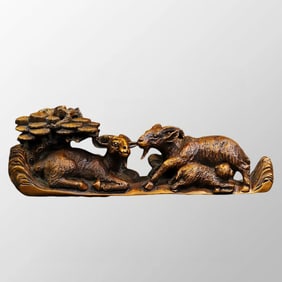 Old Chinese Boxwood Wood Carved Three Sheep Statue