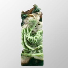 Chinese Natural Dushan Jade Carved Phoenix & Incense Burner Seal Statue