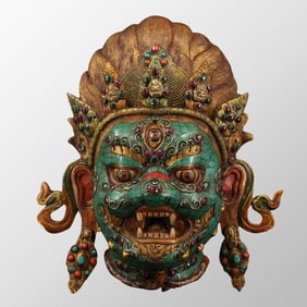 Tibetan Buddhism Gilt Gold Bronze Inlay Turquoise & Gem Jinmahakar Mask / Wall Hanging