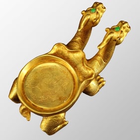 Old Chinese Gilt Gold Bronze Dragon Turtle Inkstone