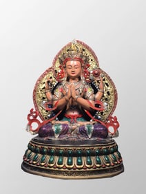 Tibetan Buddhism Gilt Gold Bronze Colored Drawing Four Arm Kwan-yin Statue