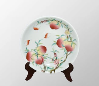Chinese Qing Dynasty Famille Rose Peach & Bat Porcelain Plate