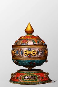 Vintage Buddhist Silver Gilt Gold Inlay Gem Prayer Wheel w Heart Sutra Book