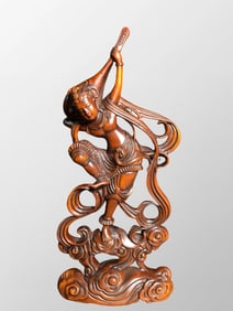 Vintage Chinese Boxwood Wood Carved Feitian Female Deity Statue