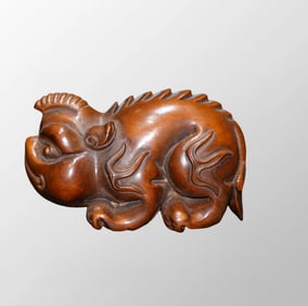 Old Chinese Boxwood Wood Carved Unicorn Pendant