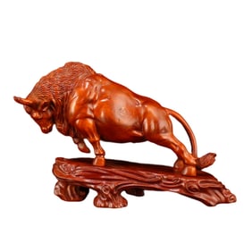 Chinese Boxwood Wood Carved Fortune Ox Statue