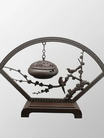 Vintage Chinese Copper Plum Flower & Magpie Chain Incense Burner w Base