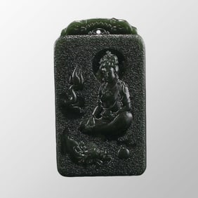 Chinese Natural Green Hetian Jade Low Relief Kwan-yin Pendant