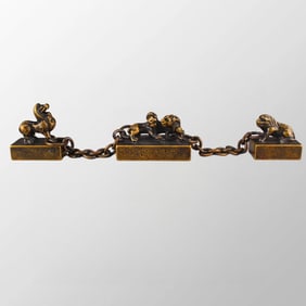 Vintage Chinese Gilt Gold Bronze Divine Beast Braced Chain Seals