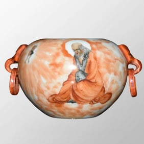 Chinese Iron Red Glaze Buddhism Dharma Double Ears Porcelain Incense Burner