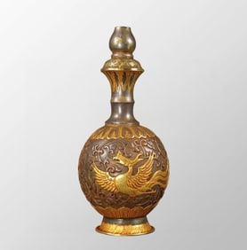 Vintage Chinese Gilt Gold Copper Low Relief Dragon Phoenix Vase