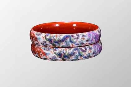 A Pair Chinese Famille Rose Enamel Dragon Phoenix Design Porcelain Bracelet