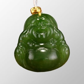 Chinese Natural Green Hetian Jade Laughing Buddha Pendant