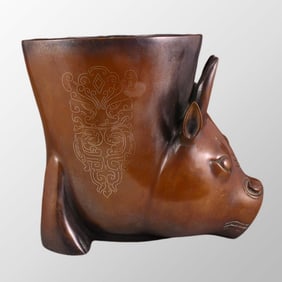 Vintage Chinese Bronze Inlay Silver Wire Ox Head Incense Burner