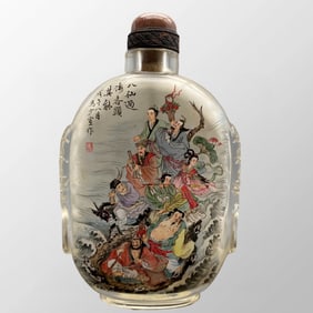 Old Chinese Peking Glass Inside Painting Eight Taoism Deity Design Snuff Bottle