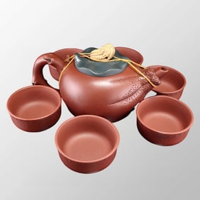 A Set Chinese Yixing Zisha Clay Teapot & Cups w Artist Signed