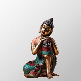 Tibetan Buddhism Gilt Gold Bronze Inlay Turquoise & Gem Siddhartha Buddha Statue