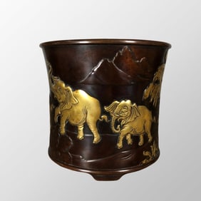 Chinese Gilt Gold Bronze Fortune Elephant Brush Pot
